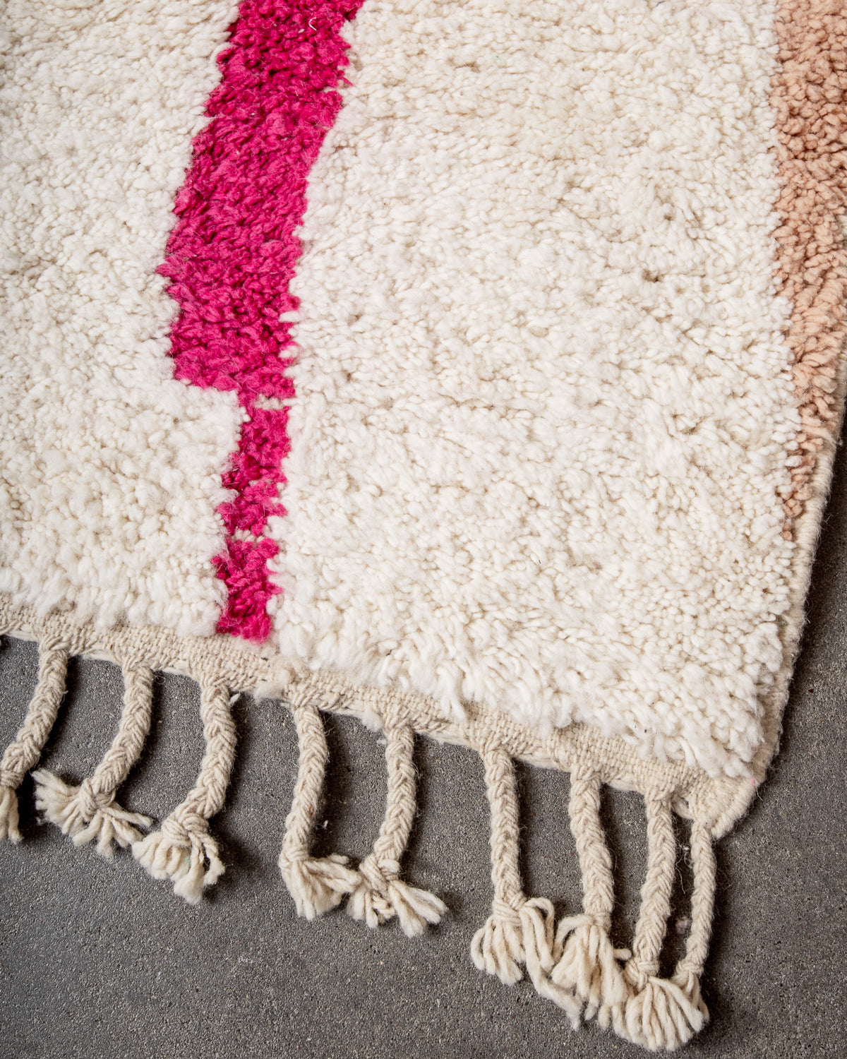 Modern, designer, handcrafted Berber rug from Morocco. Beniourain carpet with beautiful colours and patterns and fluffy wool texture.